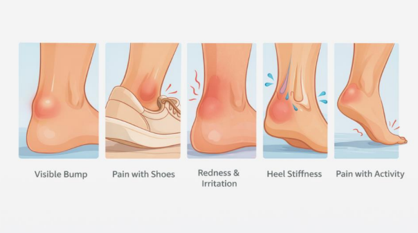 Bump on back of heel symptoms including swelling, redness, stiffness, and pain