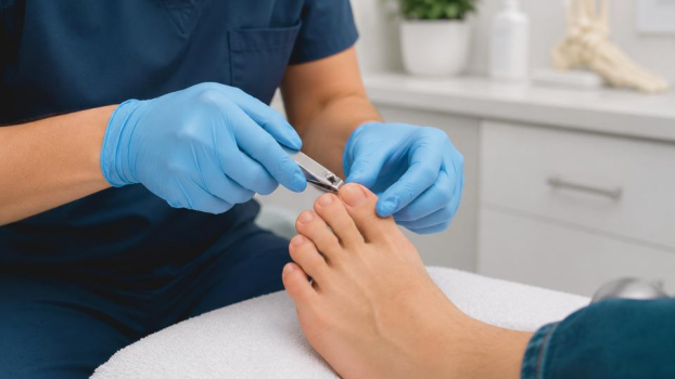 Podiatrist trimming toenails properly during professional nail care appointment