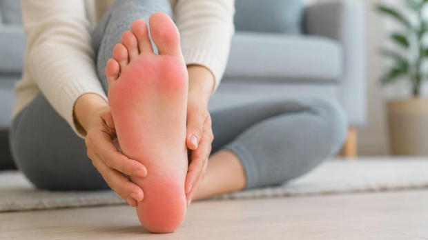 Red color on bottom of feet with visible redness on the sole at home