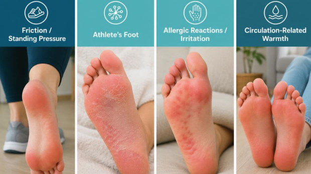 Common causes of red color on bottom of feet including friction, athlete's foot, irritation, and circulation changes