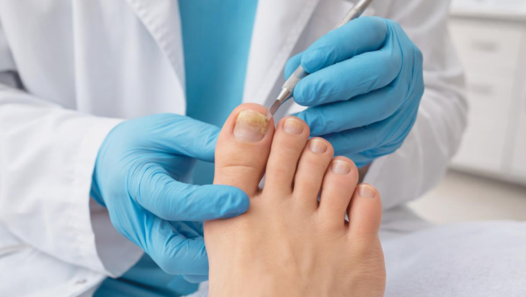 Podiatrist examining toenail fungus