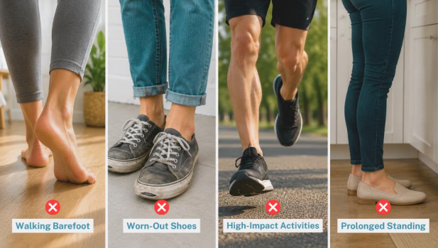 Things to avoid with plantar fasciitis including barefoot walking, worn shoes, running, and prolonged standing